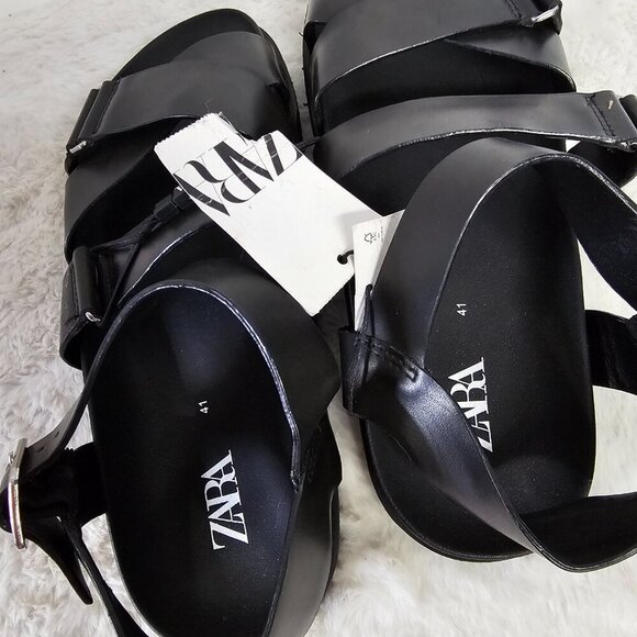 NWT Zara Black Faux Leather Gladiator Fisherme Unisex Sandal Men's 8 Women's 9.5 - Picture 8 of 12